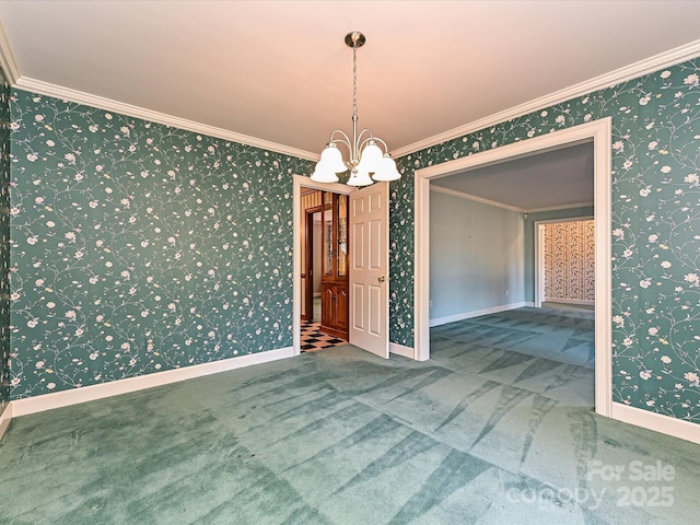 unfurnished room featuring carpet, crown molding, an inviting chandelier, and wallpapered walls