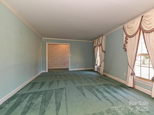 empty room with carpet floors, crown molding, baseboards, and stairs