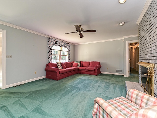 carpeted living room featuring ornamental molding, a brick fireplace, visible vents, and baseboards