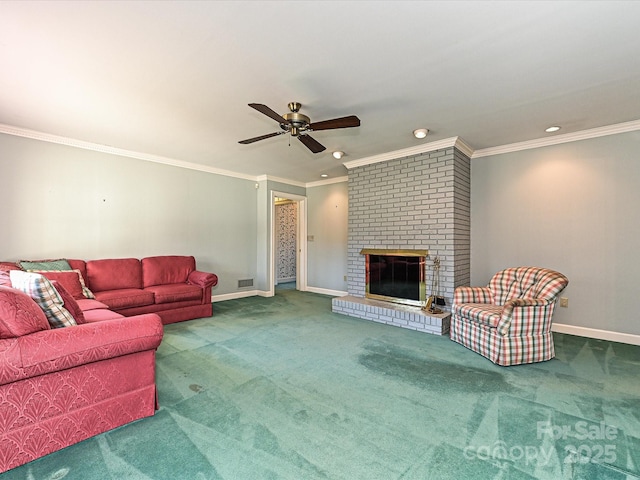 living area featuring visible vents, a fireplace, baseboards, and carpet flooring