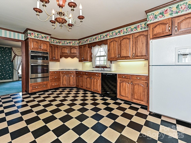 kitchen with double oven, light countertops, freestanding refrigerator, tile patterned floors, and dishwasher