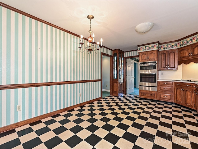 kitchen featuring stainless steel appliances, baseboards, light countertops, wallpapered walls, and crown molding