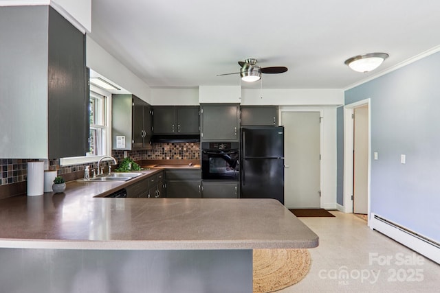 324 Old Leicester Hwy, Asheville, NC 28806 - kitchen with black appliances, a baseboard radiator, ceiling fan, tasteful backsplash, and ornamental molding