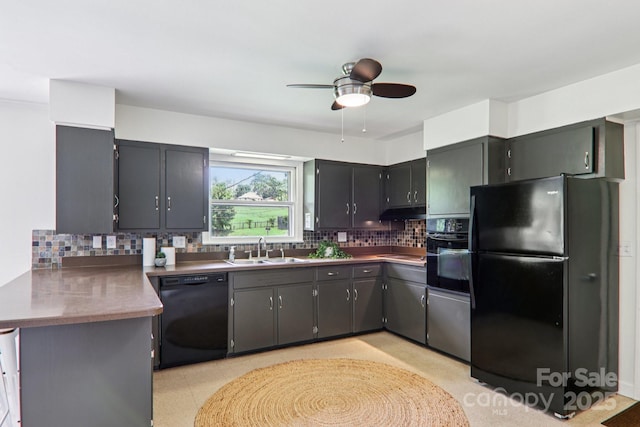 324 Old Leicester Hwy, Asheville, NC 28806 - kitchen with black appliances, decorative backsplash, ceiling fan, and under cabinet range hood