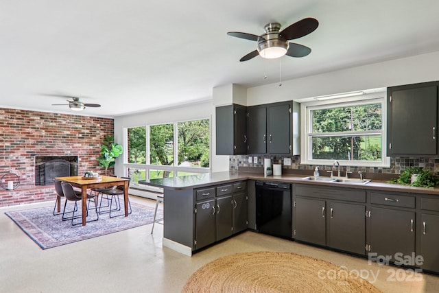 324 Old Leicester Hwy, Asheville, NC 28806 - kitchen featuring dishwasher, ceiling fan, a peninsula, and decorative backsplash