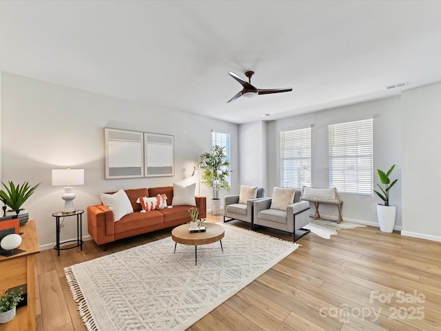 living area with a ceiling fan, light wood-type flooring, visible vents, and baseboards