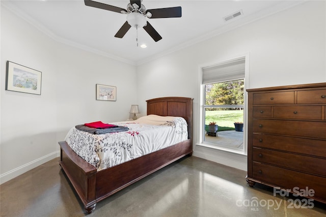 bedroom featuring finished concrete floors, a ceiling fan, baseboards, visible vents, and crown molding