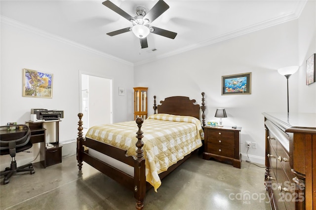 bedroom featuring crown molding, visible vents, ceiling fan, concrete flooring, and baseboards