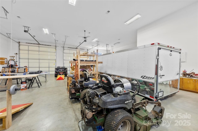 garage with a workshop area