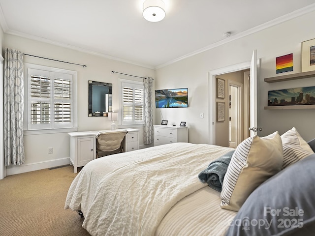 bedroom with light carpet, ornamental molding, and baseboards