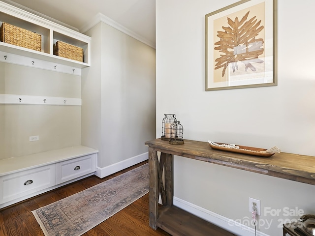 mudroom with baseboards, dark wood-style flooring, and ornamental molding