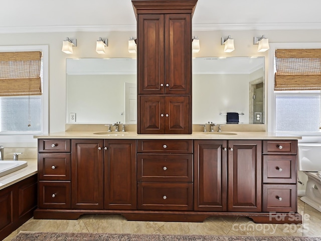 full bath with double vanity, a sink, and crown molding