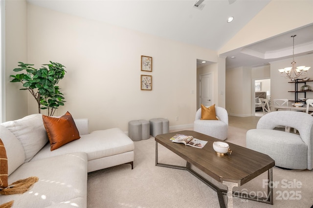 living area featuring visible vents, baseboards, lofted ceiling, light colored carpet, and a chandelier