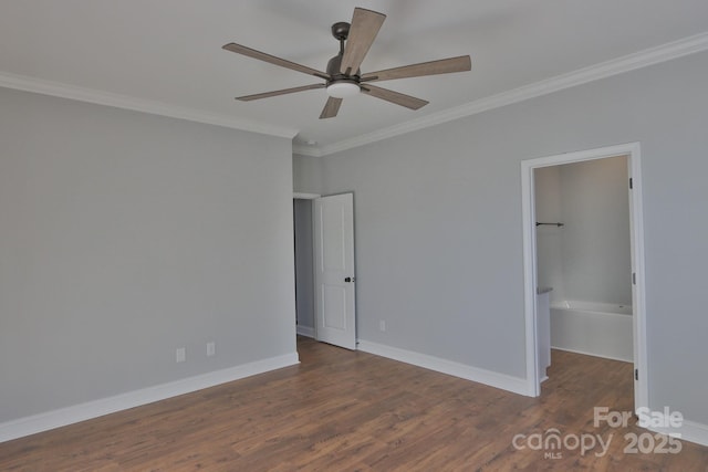 unfurnished bedroom featuring a ceiling fan, crown molding, baseboards, and wood finished floors