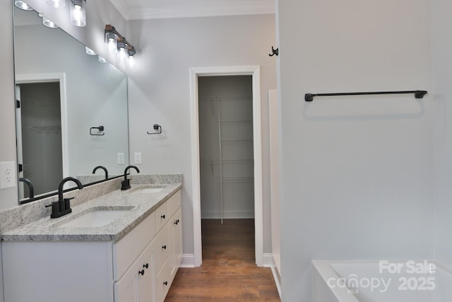 bathroom with a spacious closet, ornamental molding, a sink, and wood finished floors