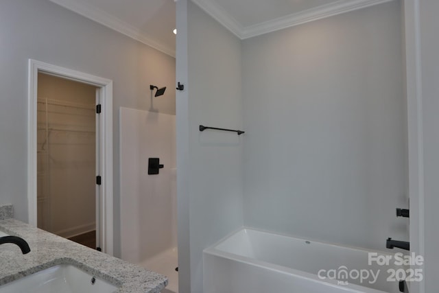 bathroom featuring a shower, ornamental molding, a walk in closet, and a washtub