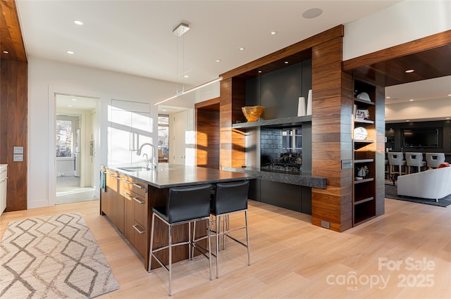 kitchen with a large island, open shelves, light wood-style flooring, a sink, and modern cabinets