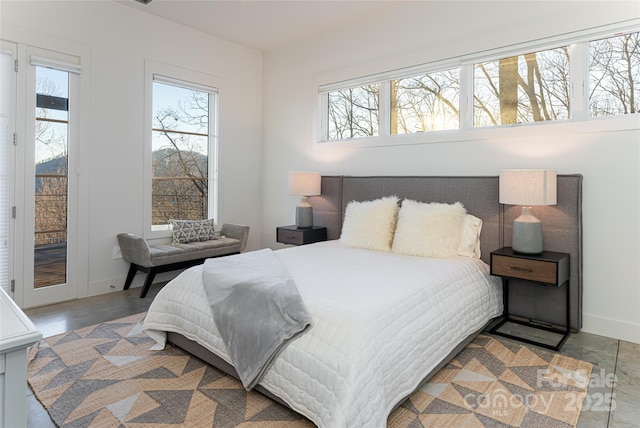 bedroom featuring access to outside and baseboards