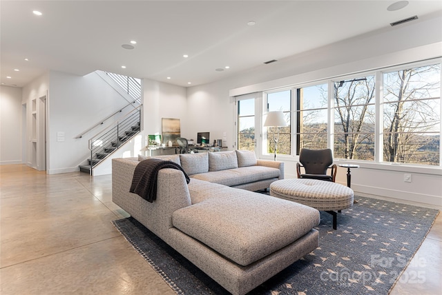 1121 Timberbluff Way, Arden, NC 28704 - living room with stairs, baseboards, recessed lighting, and finished concrete floors