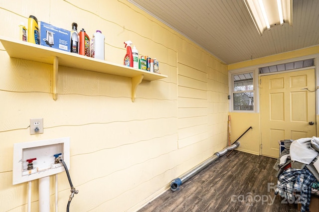 washroom with hookup for a washing machine, wood ceiling, laundry area, and dark wood-style flooring