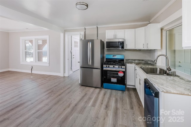 kitchen with stainless steel appliances, white cabinets, a sink, and ornamental molding