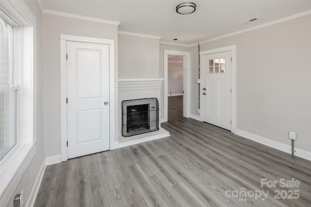 unfurnished living room featuring a fireplace, ornamental molding, and a wealth of natural light