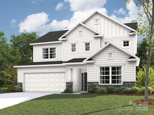view of front of property featuring board and batten siding, stone siding, an attached garage, and concrete driveway