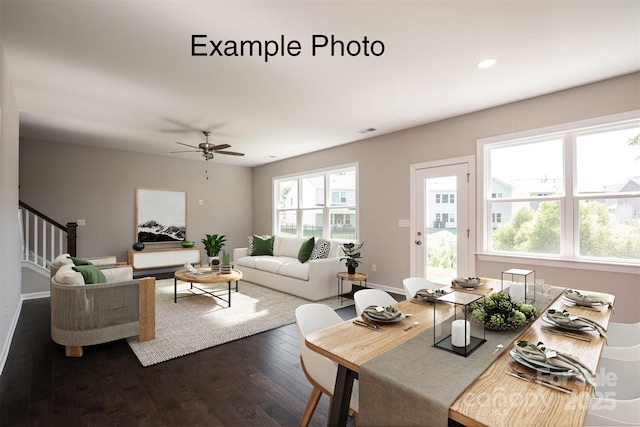 living room with dark wood finished floors, stairway, ceiling fan, recessed lighting, and baseboards