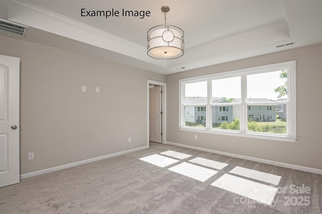 spare room with a tray ceiling, ornamental molding, light colored carpet, and baseboards