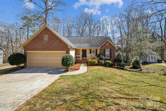 ranch-style house with a garage, driveway, brick siding, and a front yard