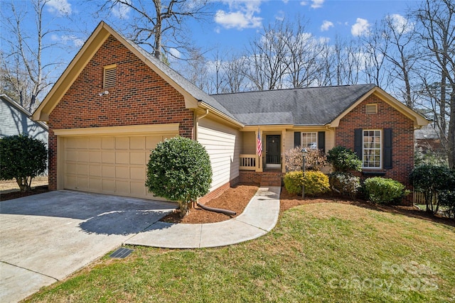 single story home featuring a garage, brick siding, driveway, roof with shingles, and a front lawn