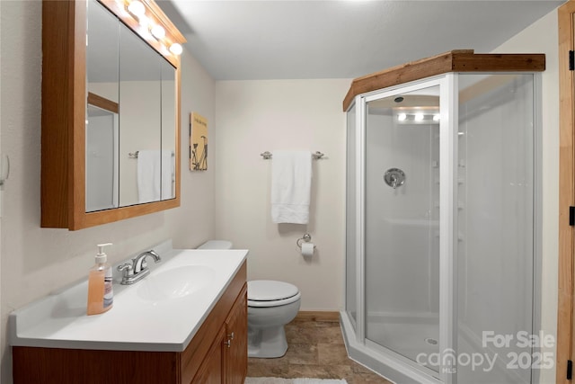 full bathroom featuring toilet, a shower stall, and vanity