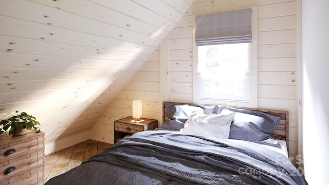 bedroom with hardwood / wood-style flooring, vaulted ceiling, wood ceiling, and wood walls