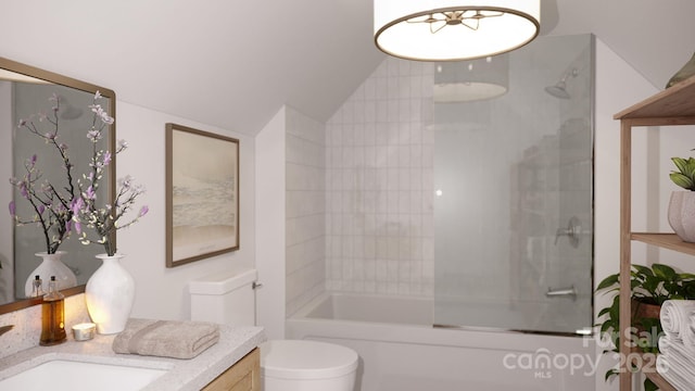 full bathroom with vanity, lofted ceiling, shower / bath combination with glass door, and toilet