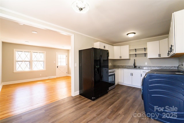 kitchen with sink, black refrigerator with ice dispenser, electric range, dark hardwood / wood-style flooring, and white cabinets