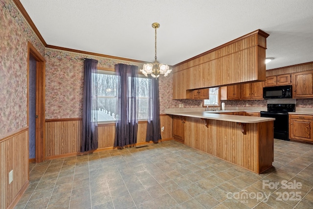 kitchen featuring a wainscoted wall, light countertops, a sink, a peninsula, and black appliances