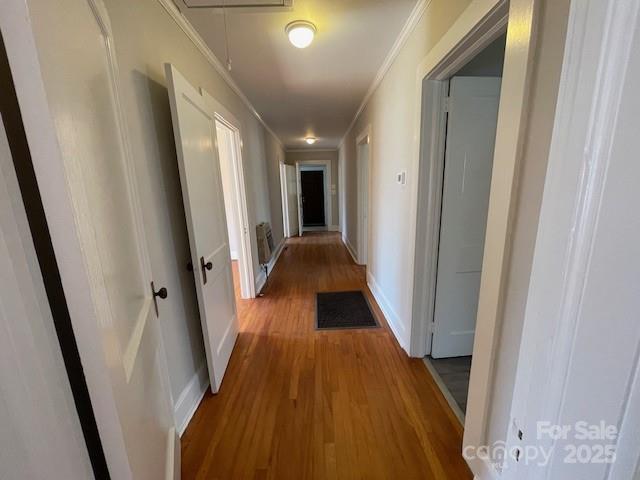 hall featuring wood-type flooring and ornamental molding