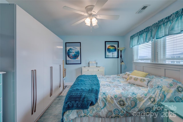 bedroom with built in refrigerator, a ceiling fan, wood finished floors, and visible vents