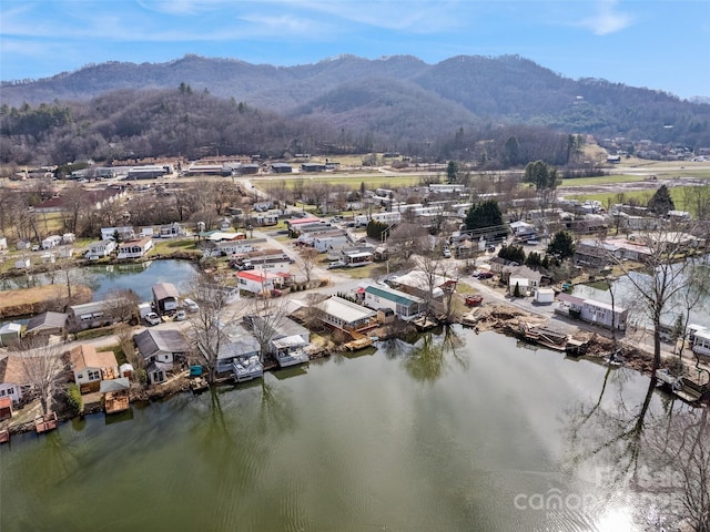 birds eye view of property with a water and mountain view