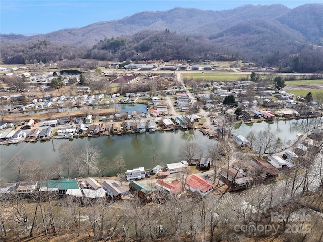 birds eye view of property featuring a water and mountain view