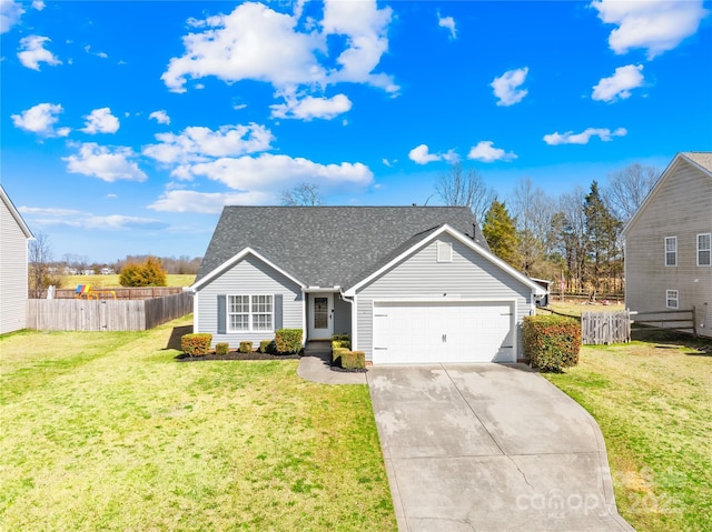 view of front of home with a shingled roof, concrete driveway, an attached garage, fence, and a front lawn