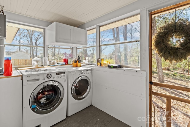 1216 Innis Ave, Kannapolis, NC 28081 - washroom featuring cabinet space, wood ceiling, dark wood-style flooring, and washing machine and clothes dryer