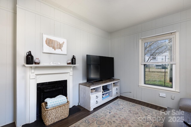 living room with dark hardwood / wood-style floors