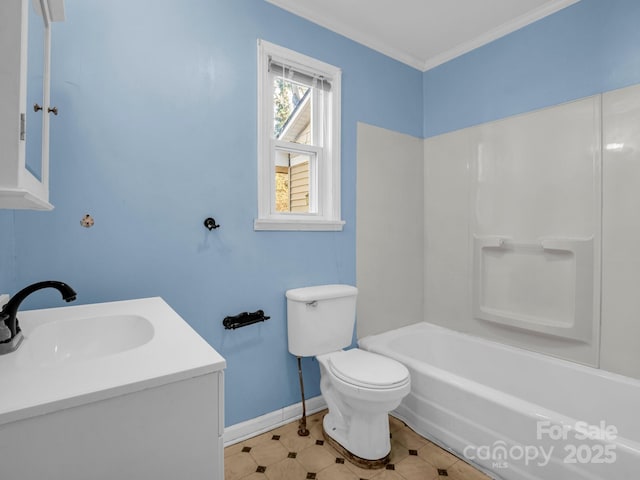 full bath featuring toilet, bathing tub / shower combination, baseboards, vanity, and crown molding