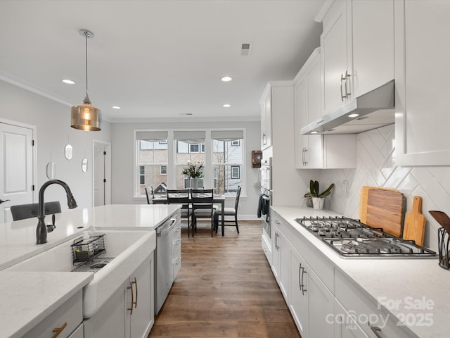 kitchen with under cabinet range hood, white cabinetry, stainless steel appliances, and pendant lighting