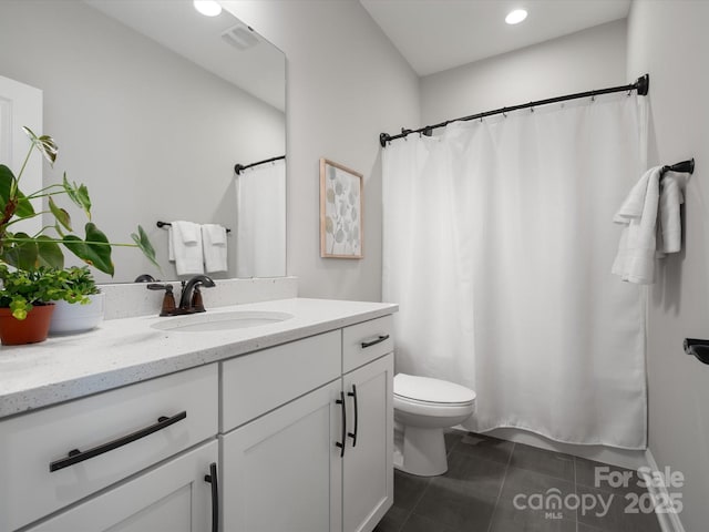 full bathroom featuring toilet, recessed lighting, visible vents, vanity, and tile patterned floors