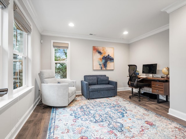 office space featuring recessed lighting, wood finished floors, visible vents, baseboards, and ornamental molding