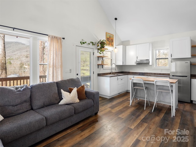 kitchen with hanging light fixtures, dark hardwood / wood-style flooring, stainless steel refrigerator, sink, and white cabinets