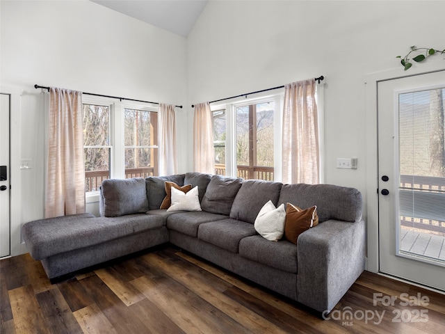 living room with high vaulted ceiling and dark wood-type flooring