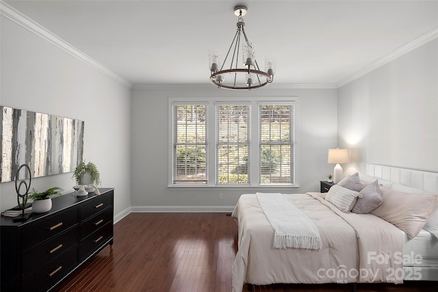 bedroom with an inviting chandelier, baseboards, dark wood-style flooring, and ornamental molding